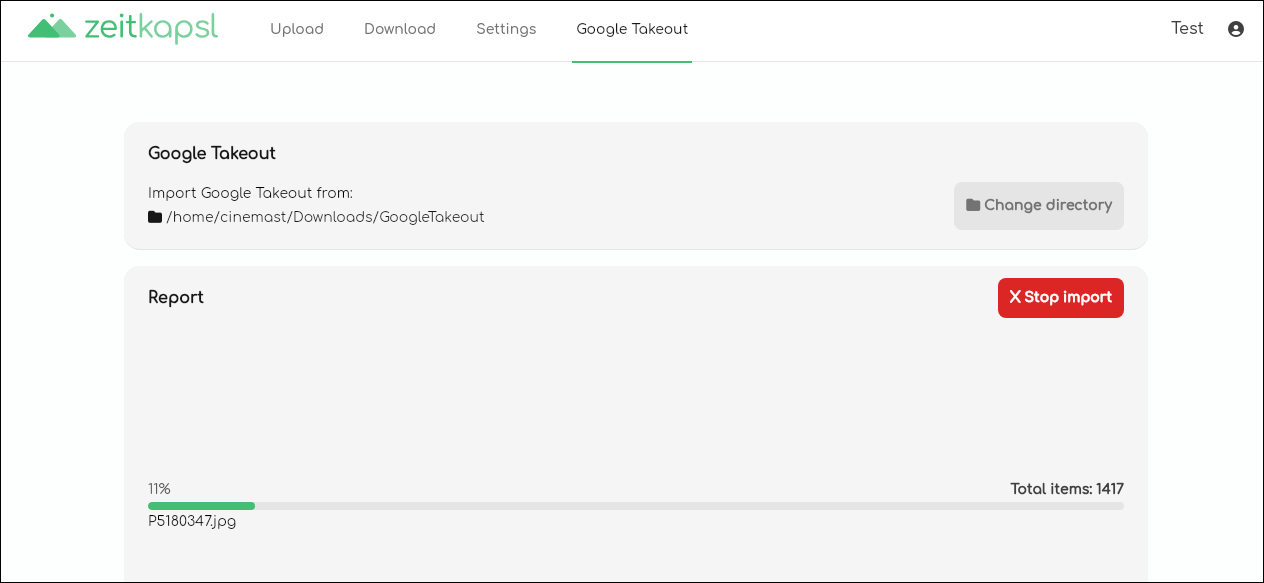 Import progress showing files being read from the Takeout ZIPs