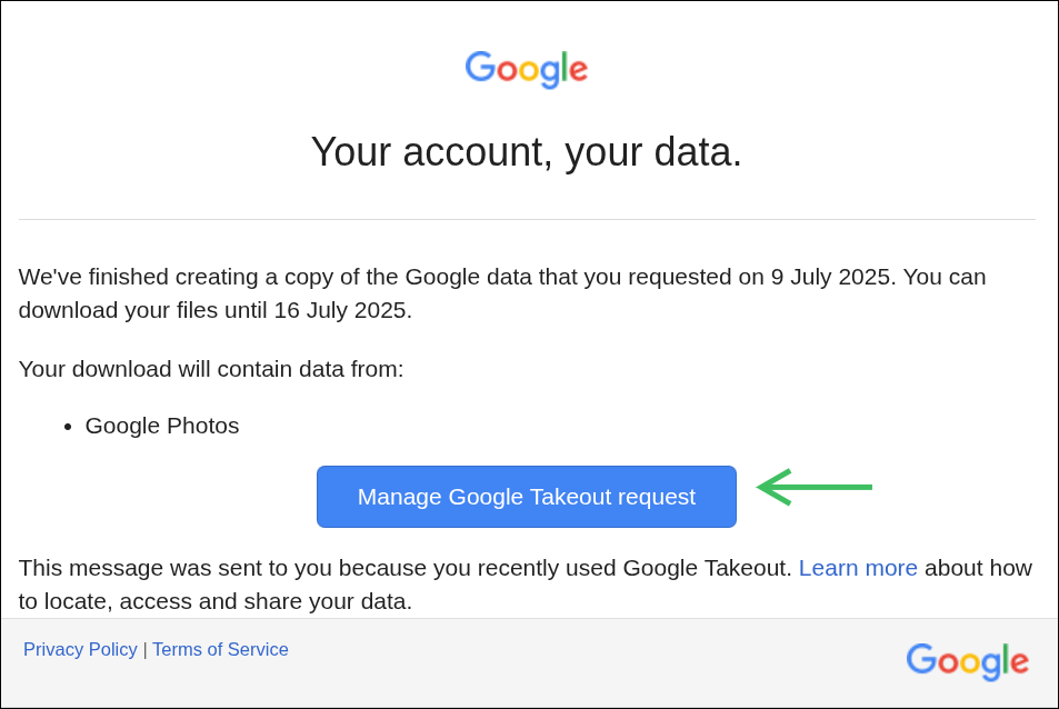 Email from Google with a link to download the export