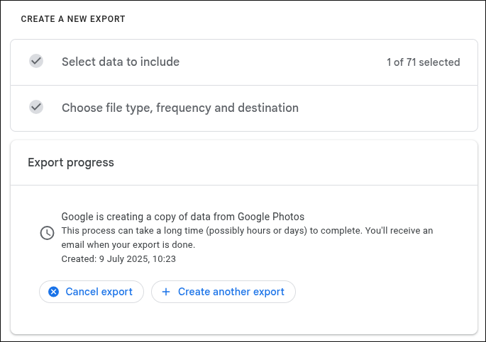 Google Takeout preparing the export