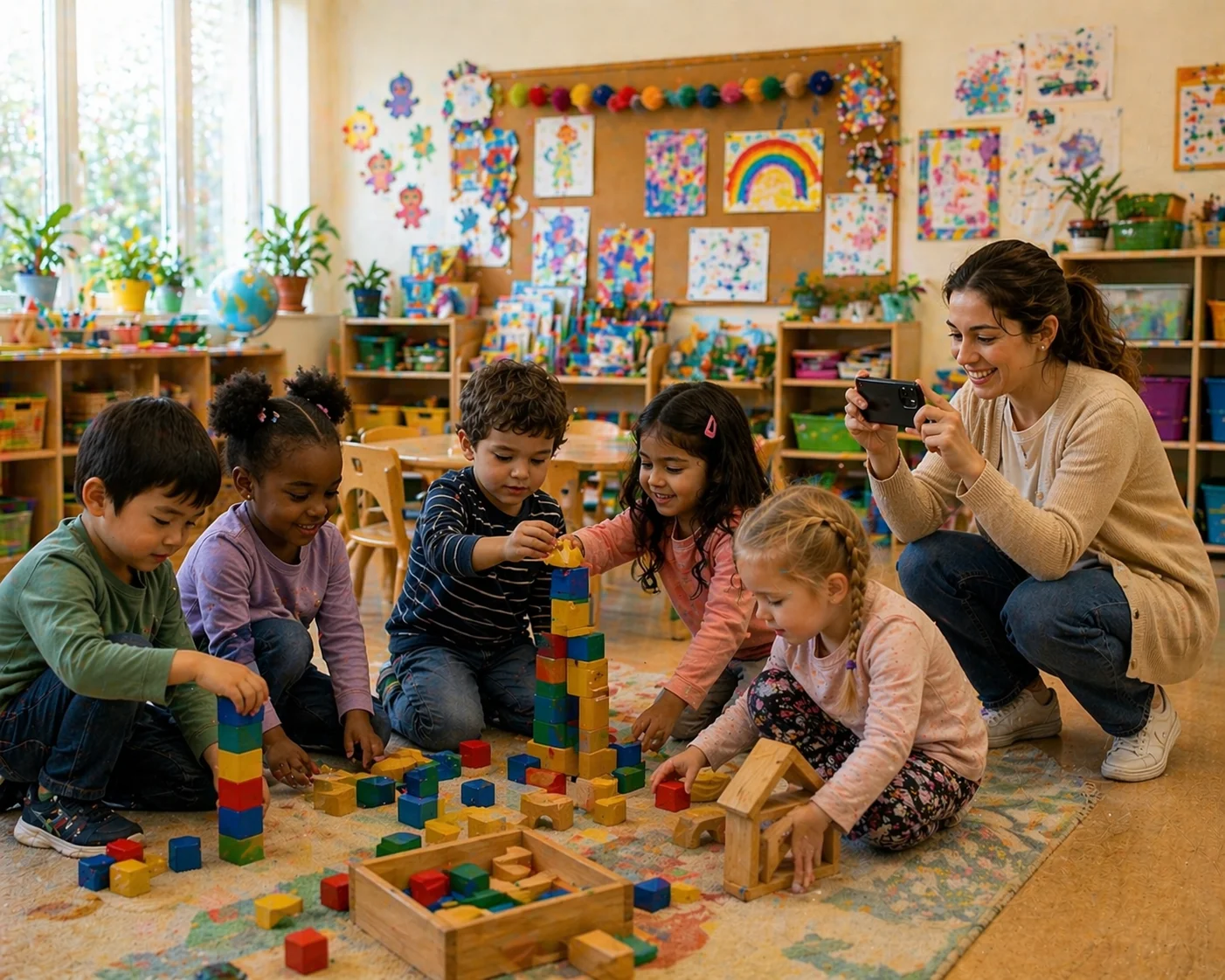 Educator with children in kindergarten